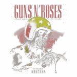 Desenho artístico de um esqueleto usando um capacete colorido com estrelas, representando a banda Guns N' Roses. A arte tem o fundo vermelho e menciona "Missoula Montana". Ideal para fãs de rock e colecionadores de itens de bandas.