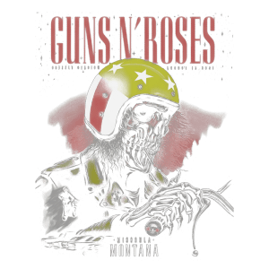 Desenho artístico de um esqueleto usando um capacete colorido com estrelas, representando a banda Guns N' Roses. A arte tem o fundo vermelho e menciona "Missoula Montana". Ideal para fãs de rock e colecionadores de itens de bandas.