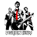 Imagem estilizada da banda Green Day, apresentando três membros com guitarras em poses icônicas. A figura no centro usa uma gravata vermelha, enquanto os outros dois membros estão vestidos em camisas de manga longa e uma camiseta, refletindo o estilo punk rock. O nome "Green Day" está destacado na parte inferior da imagem.