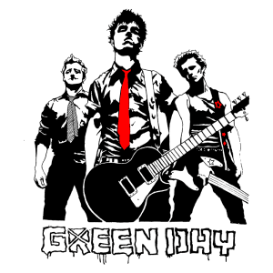 Imagem estilizada da banda Green Day, apresentando três membros com guitarras em poses icônicas. A figura no centro usa uma gravata vermelha, enquanto os outros dois membros estão vestidos em camisas de manga longa e uma camiseta, refletindo o estilo punk rock. O nome "Green Day" está destacado na parte inferior da imagem.