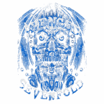 Design de camiseta da banda Avenged Sevenfold, apresentando ilustrações de estilo gótico em azul, com elementos como morcegos e detalhes mecânicos, capturando a essência do rock pesado.