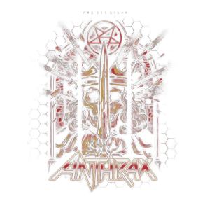 Imagem com o logotipo da banda de metal Anthrax, apresentando uma ilustração de um esqueleto de rei com uma espada. O fundo tem elementos gráficos que incluem facas e um pentagrama, refletindo o estilo intenso e sombrio característico da banda.