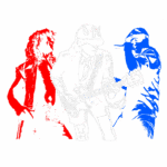 Imagem estilizada de três músicos icônicos, com um em vermelho, tocando guitarra e vestido com um paletó, outro em azul realizando uma performance, e um à esquerda com cabelo longo. A imagem tem um fundo verde e destaca o estilo rock.