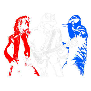 Imagem estilizada de três músicos icônicos, com um em vermelho, tocando guitarra e vestido com um paletó, outro em azul realizando uma performance, e um à esquerda com cabelo longo. A imagem tem um fundo verde e destaca o estilo rock.