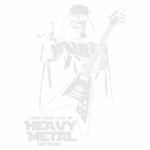 Ilustração de um personagem semelhante ao Darth Vader segurando uma guitarra elétrica, acompanhado de um texto engraçado sobre música heavy metal. Design criativo que combina elementos de cultura pop e música. Ideal para fãs de rock e Star Wars.