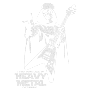 Ilustração de um personagem semelhante ao Darth Vader segurando uma guitarra elétrica, acompanhado de um texto engraçado sobre música heavy metal. Design criativo que combina elementos de cultura pop e música. Ideal para fãs de rock e Star Wars.