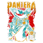 Ilustração de um personagem com cabelo longo e barba, vestindo um chapéu e fazendo o gesto "rock on", segurando uma garrafa de whisky, em um fundo com a bandeira confederada estilizada e o nome "PANTERA" destacado em amarelo.
