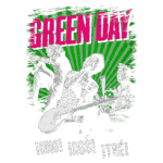 Design gráfico da banda Green Day com os integrantes em ação, imortalizando momentos icônicos do grupo. O fundo verde com raios e as palavras "¡Uno! ¡Dos! ¡Tre!" destacam o espírito energético da banda e suas contribuições para o punk rock.