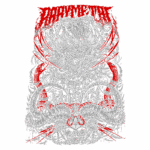 Arte gráfica em estilo metal, apresentando um design sombrio com caveiras, cruzes e elementos de mitologia, predominância de tons vermelhos e cinzas, ideal para fãs de música pesada e cultura underground.