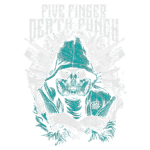 Design de camiseta da banda Five Finger Death Punch, apresentando um personagem usando uma máscara de gás e capuz, com elementos gráficos em fundo explosivo. Ideal para fãs de metal e cultura alternativa.