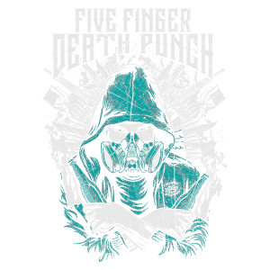 Design de camiseta da banda Five Finger Death Punch, apresentando um personagem usando uma máscara de gás e capuz, com elementos gráficos em fundo explosivo. Ideal para fãs de metal e cultura alternativa.