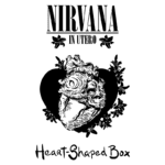 Imagem com o título "Heart-Shaped Box" da banda Nirvana, do álbum "In Utero". Apresenta um coração com um desenho estilizado, cercado por flores, evocando a estética grunge e o simbolismo da música. Ideal para fãs de rock alternativo e colecionadores de arte de álbuns.