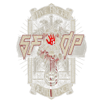 Logotipo da banda Five Finger Death Punch, detalhando um crânio com sangue e elementos gráficos como punhos e olhos. A arte inclui a sigla "FFDP" e a data "EST. 2005". Ideal para fãs de metal e rock.