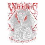 Arte da banda "Bullet For My Valentine" apresentando uma ilustração de esqueletos em uma composição sombria, com elementos gráficos em vermelho e formações geométricas ao fundo.