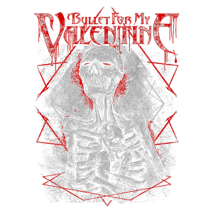 Arte da banda "Bullet For My Valentine" apresentando uma ilustração de esqueletos em uma composição sombria, com elementos gráficos em vermelho e formações geométricas ao fundo.