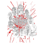 Arte do grupo de metal Slipknot, apresentando as máscaras dos integrantes em um fundo vermelho com efeitos de manchas, destacando o nome da banda em letras estilizadas.