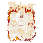 Arte gráfica do Slipknot com máscaras e crânios em um fundo com chamas, destacando a estética única da banda de metal.