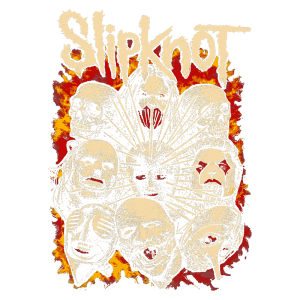 Arte gráfica do Slipknot com máscaras e crânios em um fundo com chamas, destacando a estética única da banda de metal.
