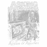 Camiseta da banda Asking Alexandria com a arte do álbum "Reckless & Relentless", apresentando uma figura feminina sentada ao lado de uma televisão quebrada, em um estilo gráfico que transmite uma sensação de rebeldia e intensidade.