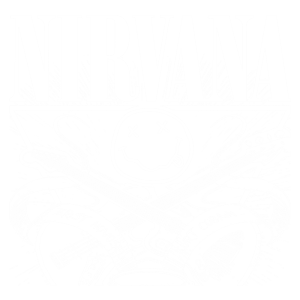 Logotipo da banda Nirvana, destacando um desenho icônico com um rosto sorridente e guitarras, representando os membros Kurt Cobain e Krist Novoselic. Arte em estilo vintage em fundo verde.