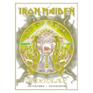 Capa comemorativa do 35º aniversário do álbum "Powerslave" da banda Iron Maiden, destacando a imagem do mascote Eddie com elementos egípcios e texturas vibrantes.