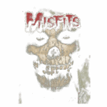Arte da banda Misfits, apresentando uma caveira estilizada com dentes expostos e olhos sombrios, com o nome da banda destacado em letras vermelhas no topo. Ideal para fãs de rock e cultura punk.