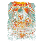 Capa de álbum da banda Metallica, com uma ilustração de um esqueleto em chamas emergindo de uma construção destruída, em cores vibrantes de verde, laranja e vermelho, simbolizando o estilo heavy metal.