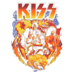 Imagem estilizada da banda de rock KISS, mostrando os integrantes em uma performance enérgica, cercados por efeitos de fogo e relâmpago. O logotipo da banda aparece em destaque na parte superior.