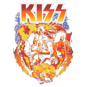 Imagem estilizada da banda de rock KISS, mostrando os integrantes em uma performance enérgica, cercados por efeitos de fogo e relâmpago. O logotipo da banda aparece em destaque na parte superior.