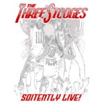 Ilustração dos Três Patetas com guitarras em um estilo de rock, destacando a frase "Soitently Live!" e uma multidão animada ao fundo. A arte captura a essência humorística e musical do grupo icônico.