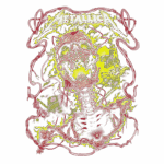 Arte da banda Metallica com imagem de um esqueleto e um crânio, envoltos em elementos de design gráfico vibrantes e sombrios, incluindo raios e detalhes sanguinolentos.