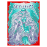 Imagem de uma ilustração artística inspirada na banda Metallica, mostrando uma mulher com cabelos longos e ondulados, segurando uma espada, com um crânio flutuando acima dela. O fundo apresenta um efeito aquático em tons de azul, com o logotipo da banda em destaque na parte superior.