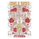 Ilustração da capa do álbum "Appetite for Destruction" da banda Guns N' Roses, apresentando estilo gótico com caveiras, rosas vermelhas e armas.