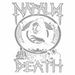 Arte gráfica da banda de metal extremo Napalm Death, destacando uma caveira com símbolos associados ao gênero, em fundo verde. A estética remete ao estilo underground, com elementos visuais que representam a intensidade e a crítica social presentes nas letras da banda.