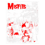 Imagem ilustrativa da banda Misfits, com uma cena bizarra e sombria de zumbis em um ambiente apocalíptico. A arte apresenta zumbis sangrentos em primeiro plano, com uma casa assombrada ao fundo, refletindo o estilo horror punk característico da banda.