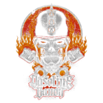 Ilustração de um design gráfico com um crânio estilizado, adornado com chamas e detalhes metálicos, simbolizando o tema do rock e cultura motorizada, acompanhado do nome "Gasoline Band".