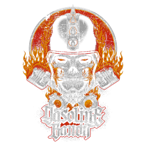 Ilustração de um design gráfico com um crânio estilizado, adornado com chamas e detalhes metálicos, simbolizando o tema do rock e cultura motorizada, acompanhado do nome "Gasoline Band".