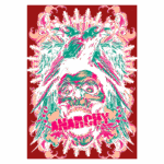 Ilustração vibrante de uma máscara de caveira com cabelo estilizado e pássaros, destacando a palavra "ANARCHY" em destaque. O fundo apresenta elementos gráficos dinâmicos e cores intensas, evocando uma sensação de rebeldia e contracultura. Ideal para arte de camisetas ou designs alternativos.