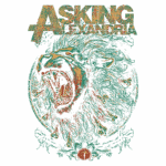 Arte de camiseta da banda Asking Alexandria, apresentando um leão feroz em um estilo gráfico vibrante, com fundo verde e detalhes em vermelho e dourado. O design destaca o nome da banda em cima, criando uma imagem impactante para fãs de metal e rock.