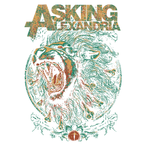 Arte de camiseta da banda Asking Alexandria, apresentando um leão feroz em um estilo gráfico vibrante, com fundo verde e detalhes em vermelho e dourado. O design destaca o nome da banda em cima, criando uma imagem impactante para fãs de metal e rock.