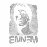Imagem artística de Eminem com efeito de esqueleto em preto e branco, destacando o nome "EMINEM" em letras grandes e estilizadas.