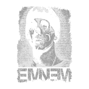 Imagem artística de Eminem com efeito de esqueleto em preto e branco, destacando o nome "EMINEM" em letras grandes e estilizadas.