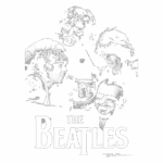 Imagem em preto e branco dos integrantes dos Beatles, incluindo John Lennon, Paul McCartney, George Harrison e Ringo Starr, com o nome "THE BEATLES" destacado em letras grandes na parte inferior.