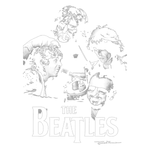 Imagem em preto e branco dos integrantes dos Beatles, incluindo John Lennon, Paul McCartney, George Harrison e Ringo Starr, com o nome "THE BEATLES" destacado em letras grandes na parte inferior.