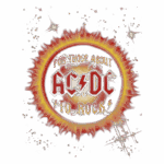Logotipo da banda AC/DC com a frase "For Those About To Rock", cercado por uma chama laranja vibrante e elementos metálicos, simbolizando energia e atitude do rock. Ideal para fãs de música clássica e colecionadores de memorabilia.