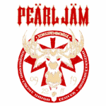 Logotipo da banda Pearl Jam com o título em destaque, apresentando um desenho estilizado de uma cabeça de alce, rodeado por um círculo decorativo. Elementos como "Mudhoney" e datas estão incorporados, ressaltando a conexão com o cenário musical e eventos.