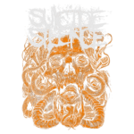 Ilustração da banda Suicide Silence com uma arte sombria destacando um crânio rodeado por tentáculos e elementos místicos em tons de laranja e preto. Ideal para fãs de metal e cultura underground.