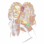 Ilustração de uma mulher com estilo pin-up, mostrando duas versões: uma sorridente e glamourosa, e outra com elementos de estilo gótico e tatuagens, incluindo um design de caveira. Ambas usam vestidos pretos e acessórios charmosos. A imagem destaca a beleza vintage misturada com a cultura alternativa.