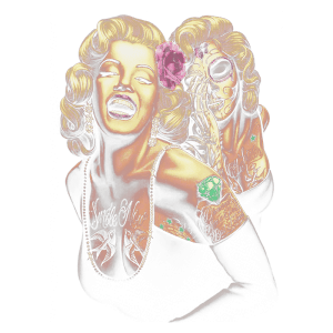 Ilustração de uma mulher com estilo pin-up, mostrando duas versões: uma sorridente e glamourosa, e outra com elementos de estilo gótico e tatuagens, incluindo um design de caveira. Ambas usam vestidos pretos e acessórios charmosos. A imagem destaca a beleza vintage misturada com a cultura alternativa.