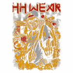 Ilustração de um personagem esquelético e estilizado com cabelo loiro, usando boné e mochila, segurando um copo e com uma expressão agressiva, representando a marca HH WEAR, com elementos de arte urbana e referências a cultura pop.